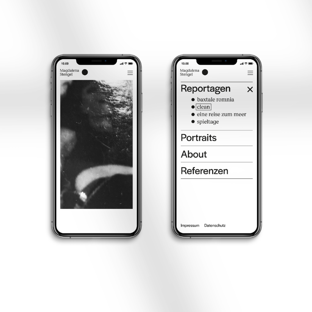 The image displays two smartphone screens, likely from a mobile application, showcasing a clean, minimalist user interface with high contrast. The design emphasizes readability and a structured presentation of content, suggesting a professional or journalistic application.