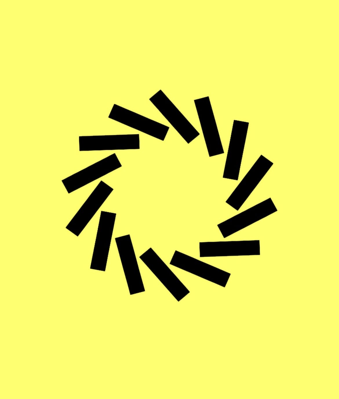 The image features a dynamic, circular arrangement of thick, black, rectangular bars radiating outwards from a central point. The design is minimalist and geometric, creating a sense of motion or focus through the radial pattern.