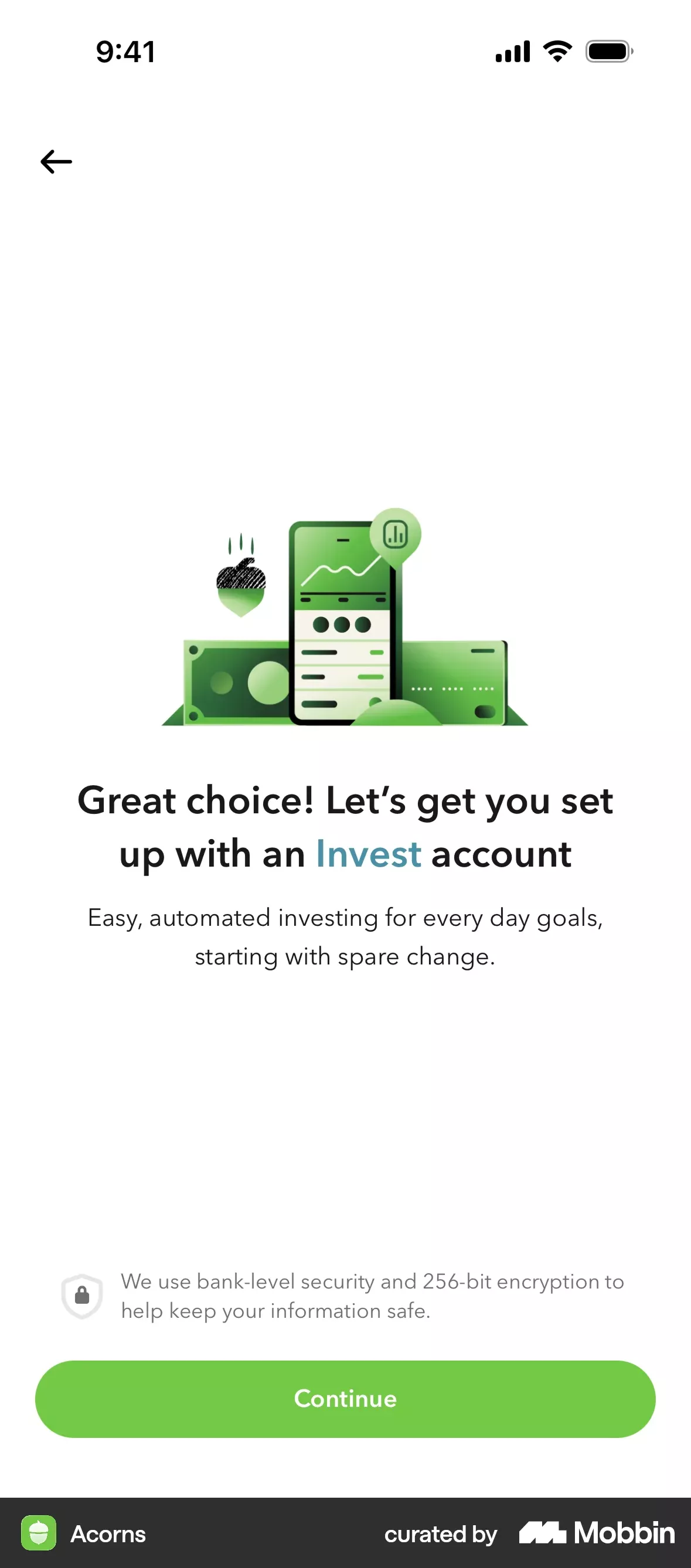 This interface employs a clean, minimalist design centered around white space and vibrant green accents to convey trust and growth. The visual language is modern, utilizing simple vector illustrations to clearly communicate the concept of automated investing and financial success. The overall feel is professional, organized, and reassuring to potential users.
