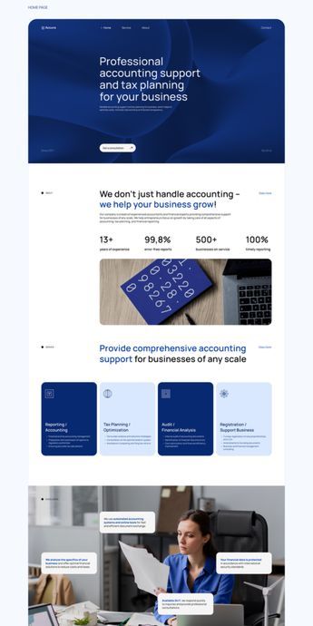 The design is clean, modern, and professional, utilizing a dark blue and white palette to convey trust and expertise. The layout is structured with clear sections and ample white space, guiding the user through the services offered effectively.