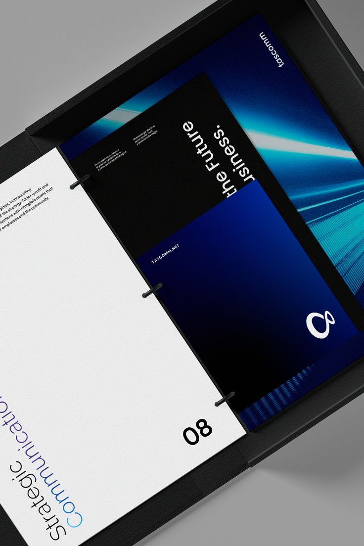 This design utilizes a high-contrast, modern aesthetic dominated by deep blues and sharp diagonal light streaks to convey a sense of dynamism and futurism. The visual language is clean and corporate, employing negative space effectively to draw attention to key textual elements.