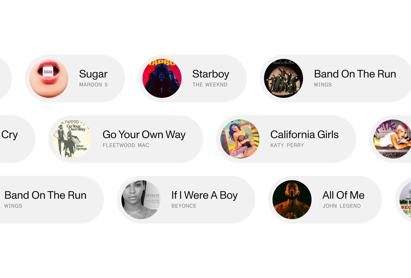 The image displays a clean, minimalist grid layout featuring various music-related text entries, likely track or artist names. The design relies heavily on white space and circular profile images to create a uniform, modern, and organized presentation.