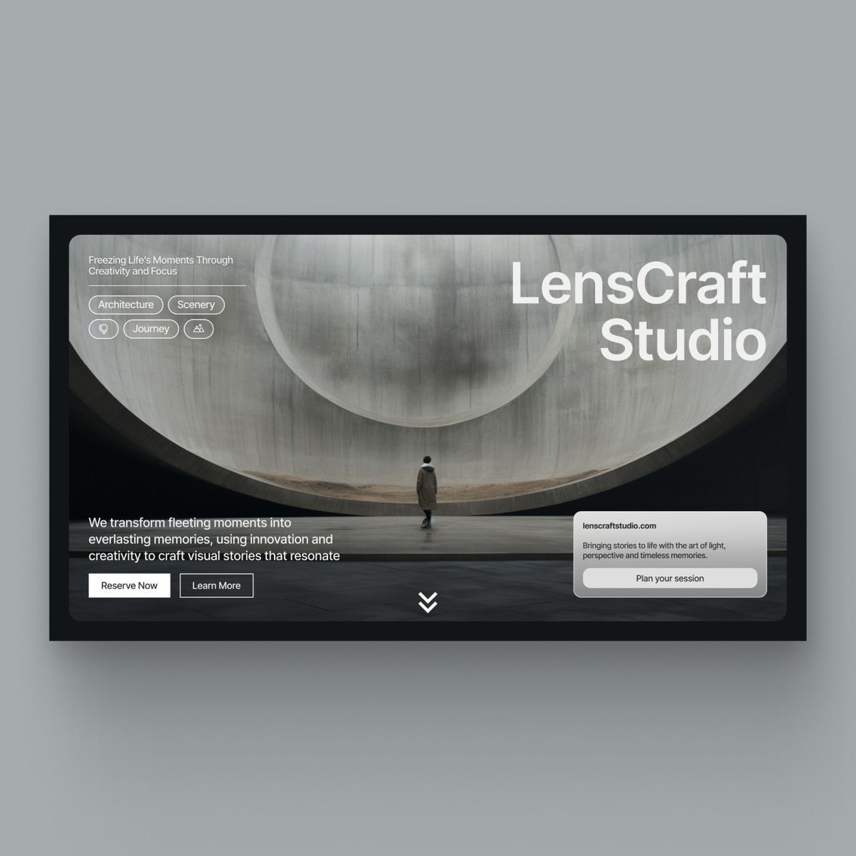 The design features a minimalist, dark aesthetic dominated by a large, smooth, curved form suggesting depth or a lens. The visual language is clean and modern, using subtle gradients and negative space to create a sophisticated and focused mood.