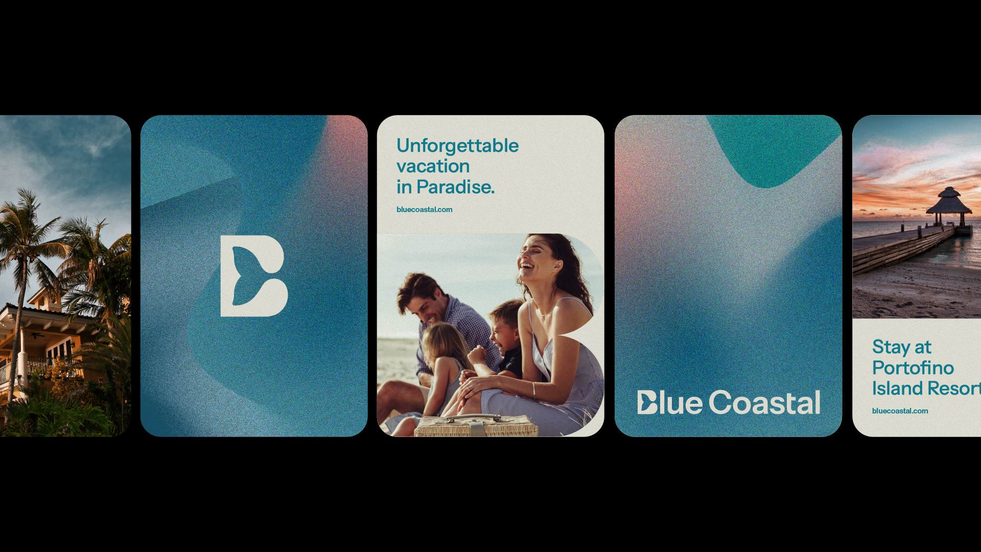 This is a series of cohesive, modern visual cards or tiles, likely for a travel or resort brand. The design utilizes soft gradients and high-quality photography to evoke feelings of relaxation, luxury, and escape. The overall aesthetic is clean, serene, and aspirational.