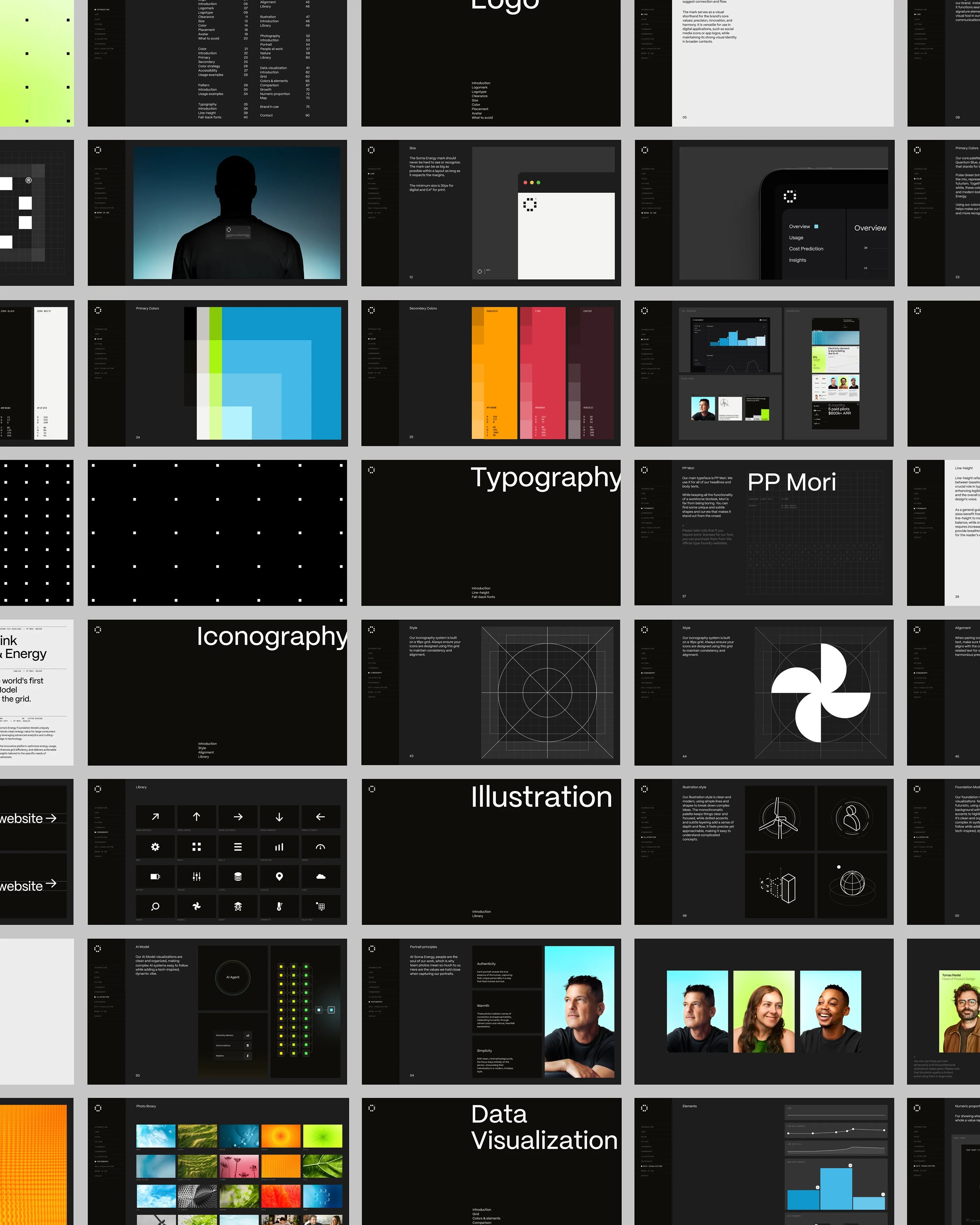 This image presents a highly structured grid of dark-themed design templates, showcasing various elements like logos, typography, and data visualization. The visual language is clean, modern, and technical, relying on high contrast between dark backgrounds and vibrant accent colors to highlight content.