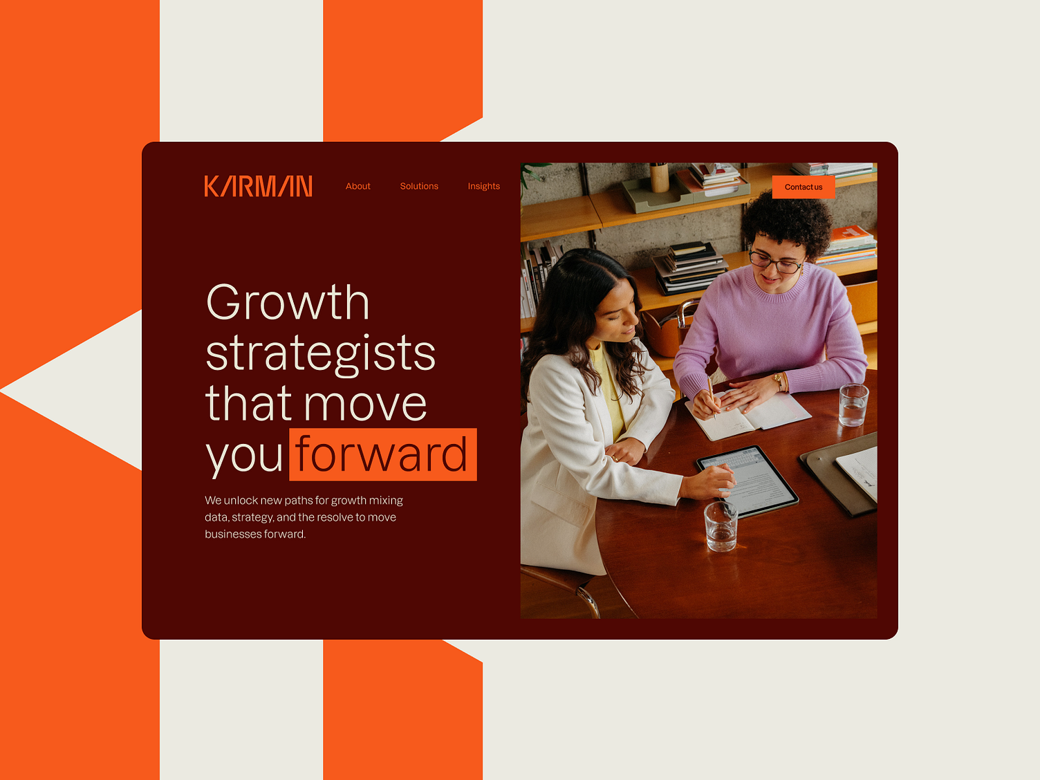 The design utilizes a bold, warm color palette combined with clean typography and professional photography to convey trust and expertise. It employs strong geometric blocks and warm tones to create a visually engaging yet professional atmosphere for a consulting service.