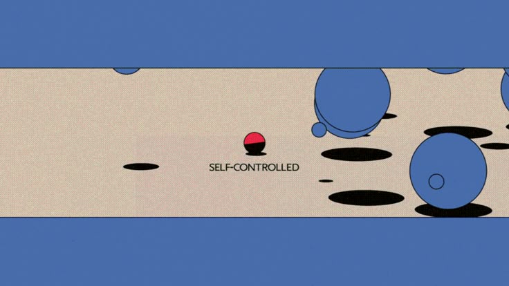 The image presents a minimalist, abstract composition featuring a horizontal band divided into two solid colors, with various circular shapes floating within the upper section. The design employs a muted, earthy tone contrasted by solid blue fields and simple black accents to create a clean, somewhat scientific or conceptual feel.