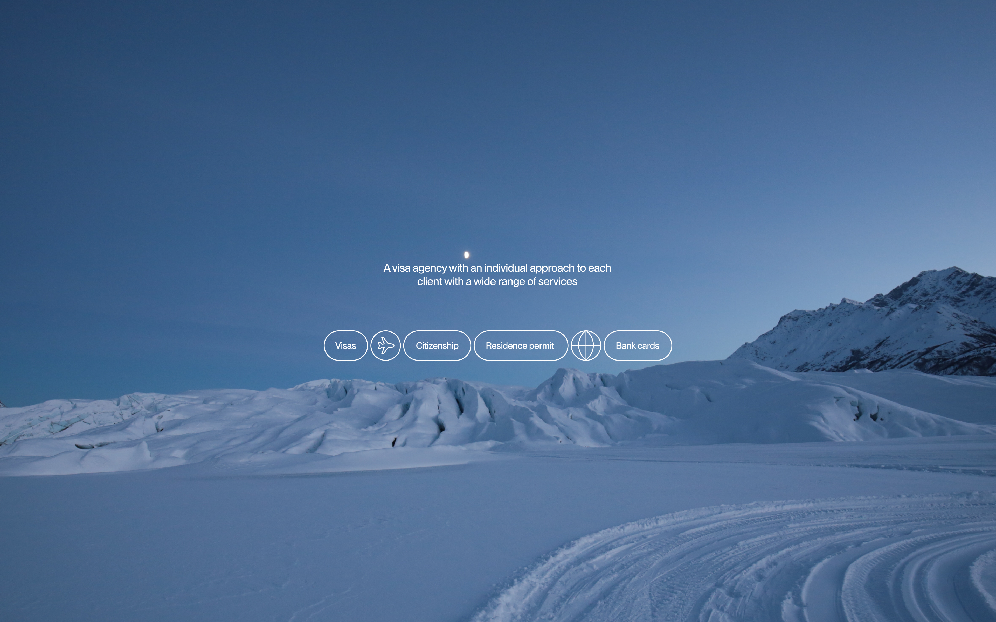 The image presents a clean, minimalist landscape dominated by cool blue and white tones, overlaid with subtle, light-colored text elements suggesting professional services. The design evokes a sense of vastness, tranquility, and trust through its serene and uncluttered composition.