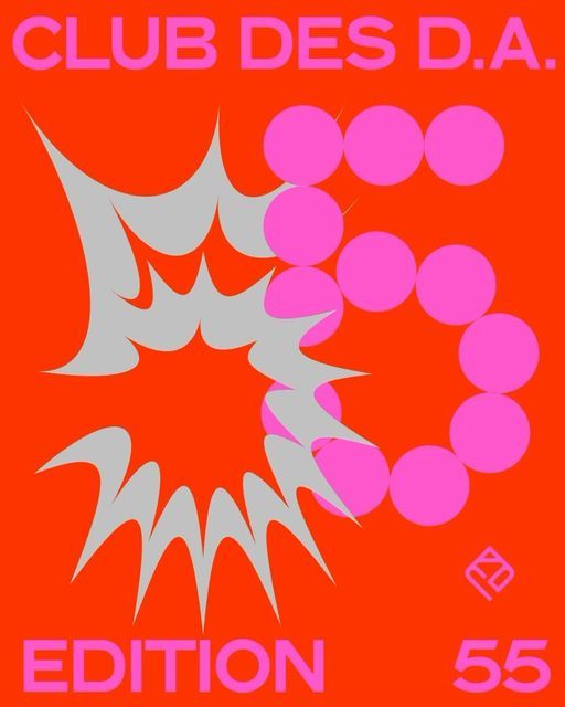 This design features a bold, energetic graphic element resembling stylized flames or bursts emanating from a central point. The composition is high-contrast, using vibrant orange as a background to make the pink and gray elements pop. The overall feel is dynamic, celebratory, and modern.