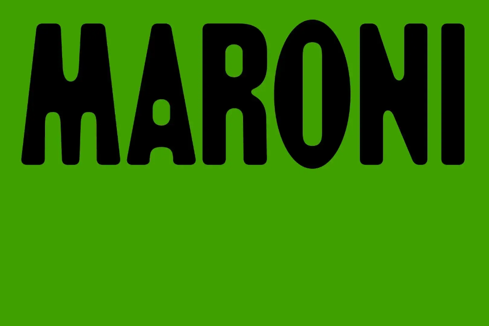This is a stark, high-contrast typographic design featuring the word 'MARONI' in bold, sans-serif lettering against a vibrant, solid lime green background. The design is minimalist and relies purely on the impact of the typeface and color juxtaposition.