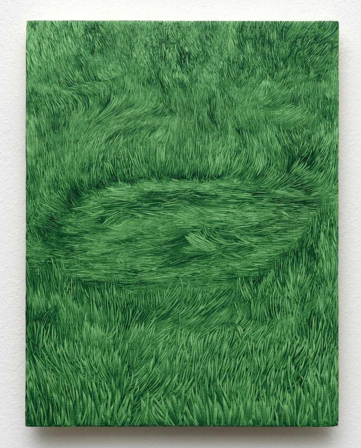 This image presents a richly textured, monochromatic field of deep green, simulating dense, vibrant grass or moss. The visual language is organic and immersive, focusing entirely on the interplay of light and shadow within the fibrous texture.