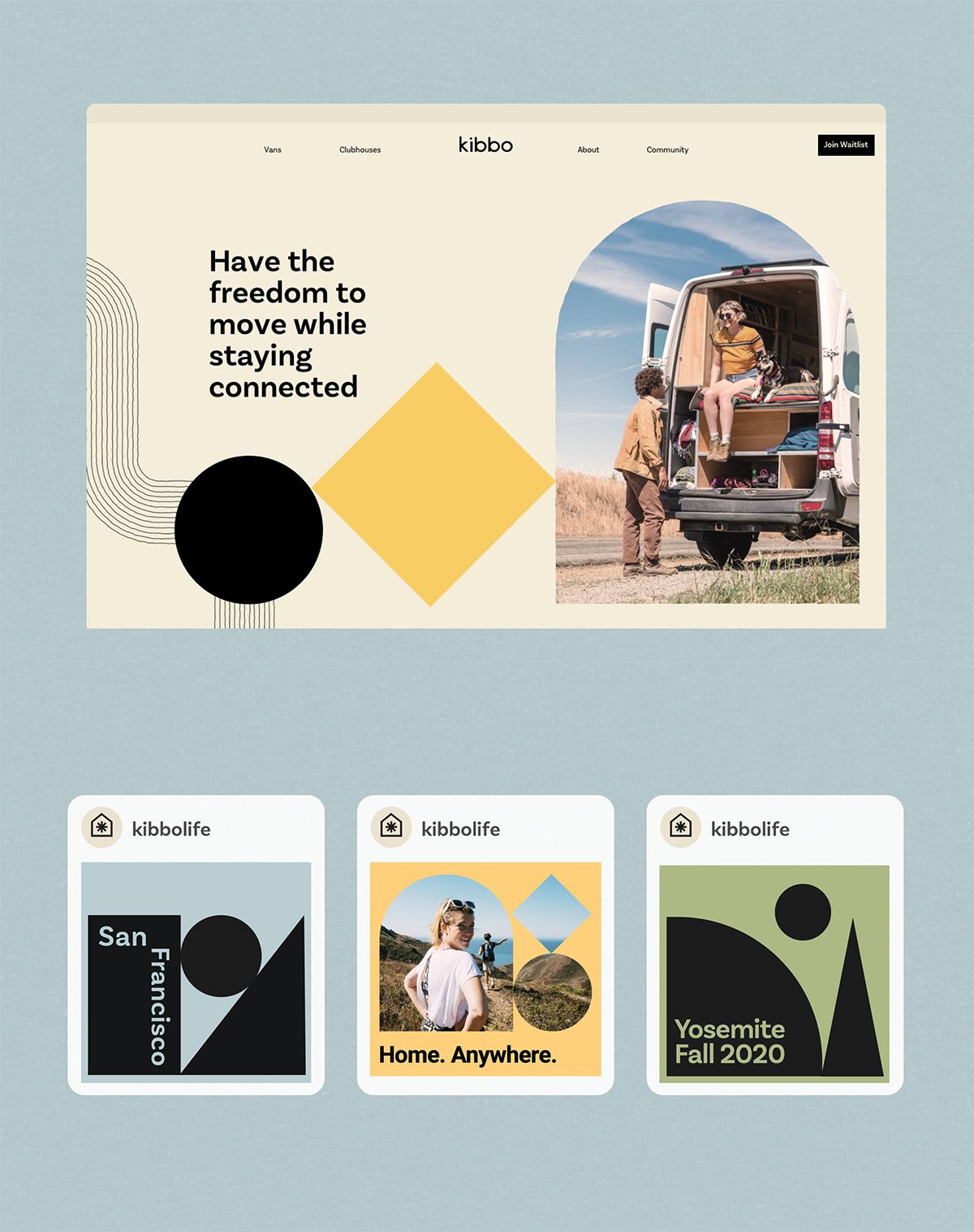 The design employs a clean, minimalist aesthetic with a soft, muted color palette and ample white space to convey a sense of freedom and connection. The composition balances large, evocative text with a high-quality photographic element to create an aspirational and modern feel.