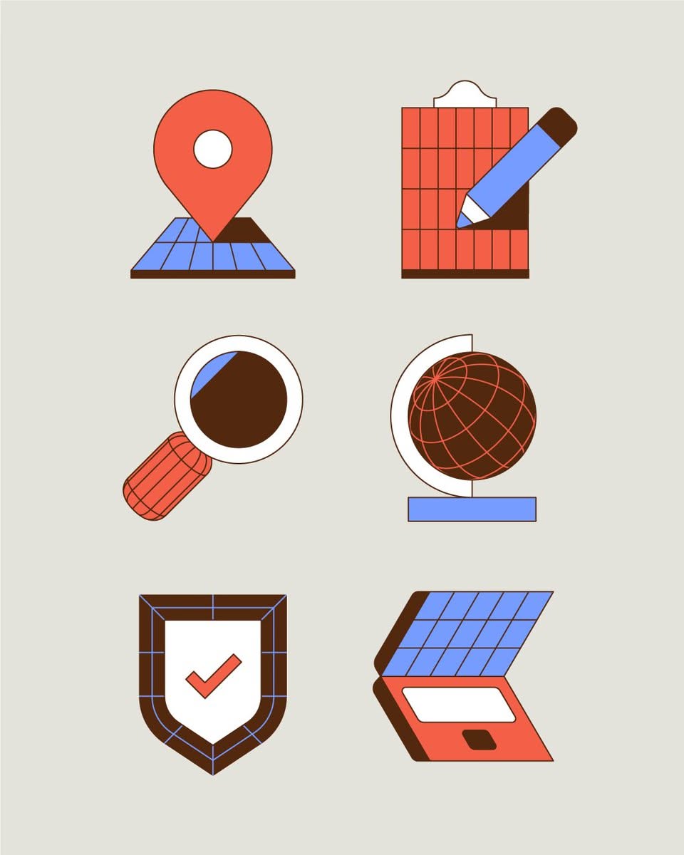This image displays a set of six clean, professional icons executed in a flat design style. The visual language relies on strong geometric shapes and limited color palettes to convey various concepts related to location, writing, exploration, security, and renewable energy.
