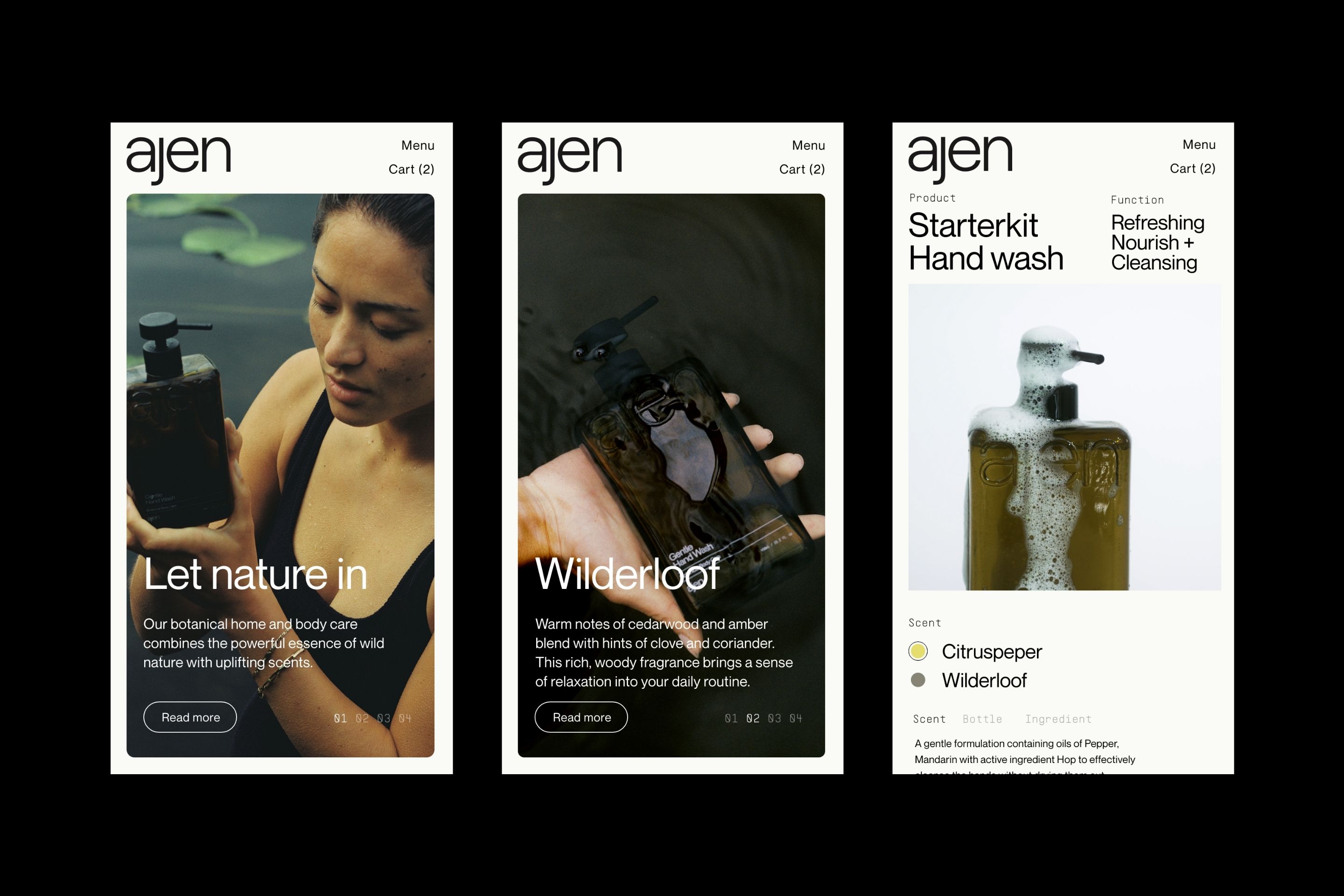 The image displays a clean, minimalist presentation of product packaging, utilizing high-contrast photography and ample negative space. The design emphasizes natural ingredients and a premium, apothecary-like aesthetic through dark tones and focused product shots.