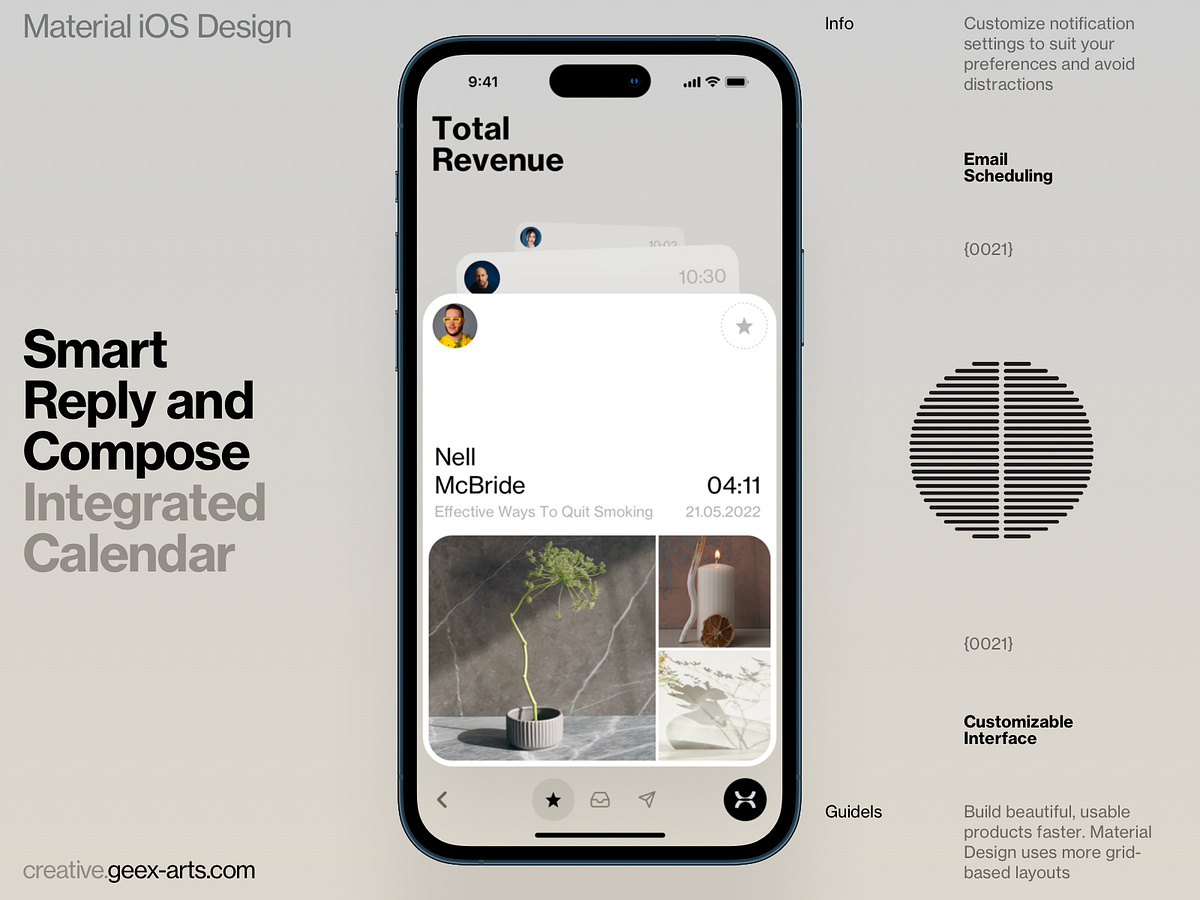 The image presents a clean, modern UI mockup showcasing a feature called 'Total Revenue' within an iOS-like interface. The design emphasizes clarity, functionality, and a minimalist aesthetic typical of contemporary mobile application design.