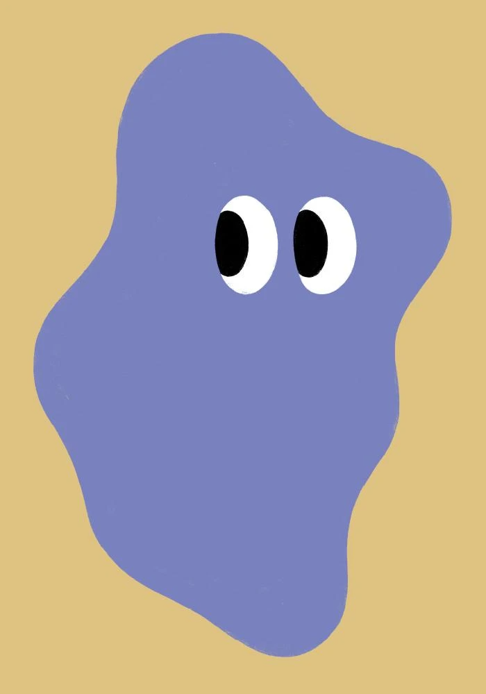 This design utilizes a soft, amorphous shape rendered in muted blue against a warm neutral background. The visual language is minimalist and abstract, focusing on simple form and high contrast between the dark body and the bright white features.