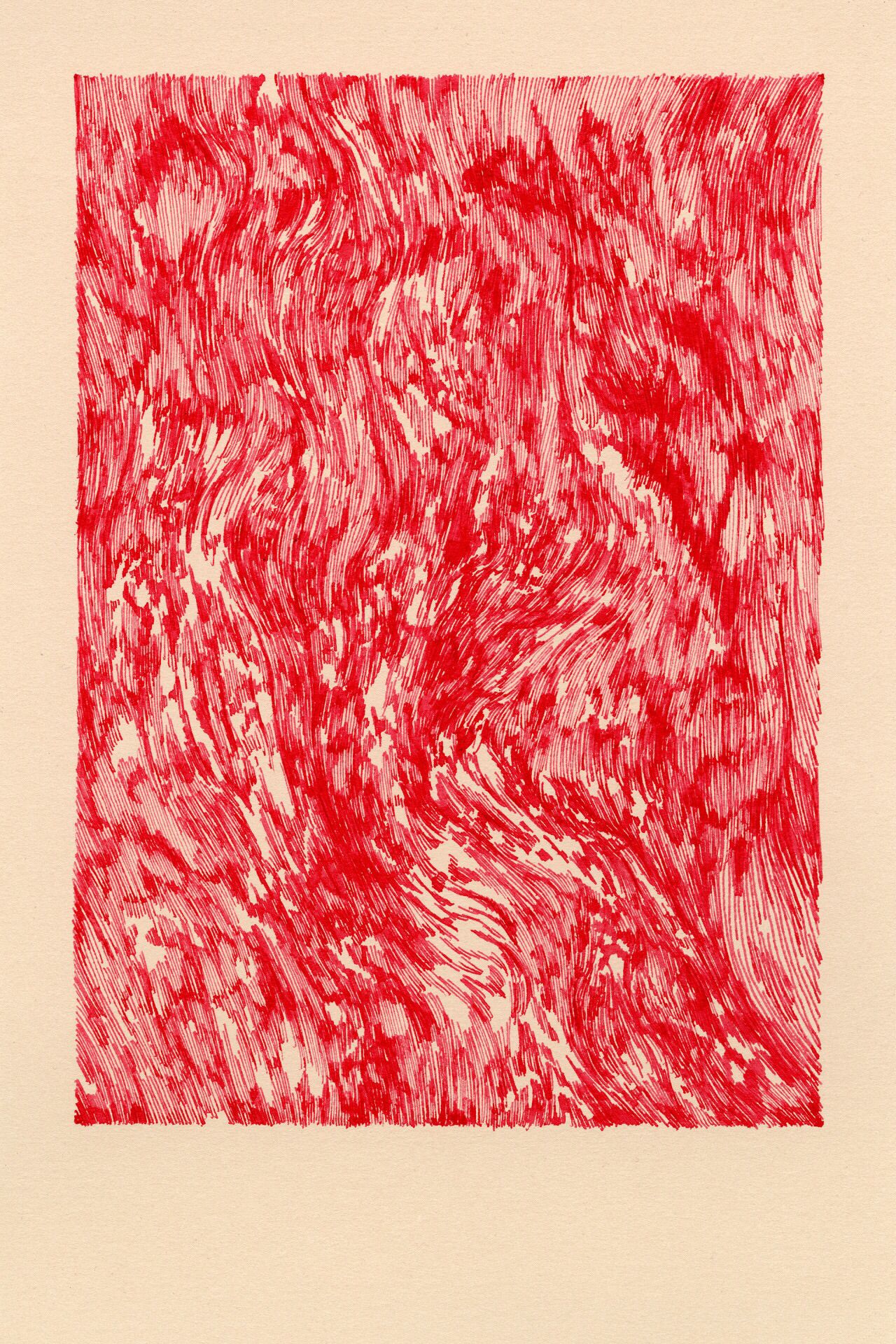 An abstract expressionist composition featuring a densely textured red rectangular form set against a warm beige background. The work employs gestural mark-making with energetic linear strokes and organic patterns that create visual movement and depth within the constrained rectangular frame.
