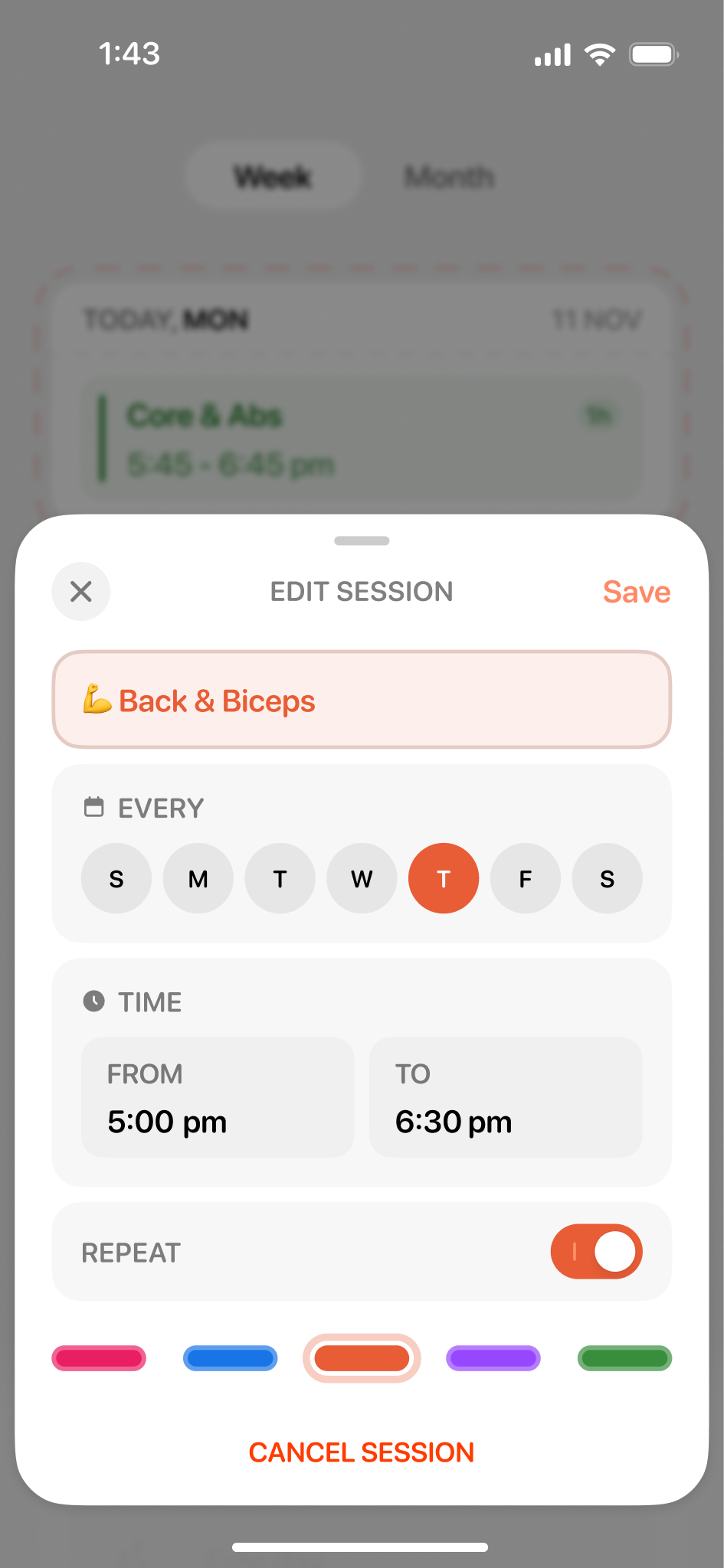 This mobile interface demonstrates a clean, functional user experience focused on scheduling and modifying fitness sessions. The design utilizes clear separation between actionable components and uses subtle color accents to guide the user through the session setup process.