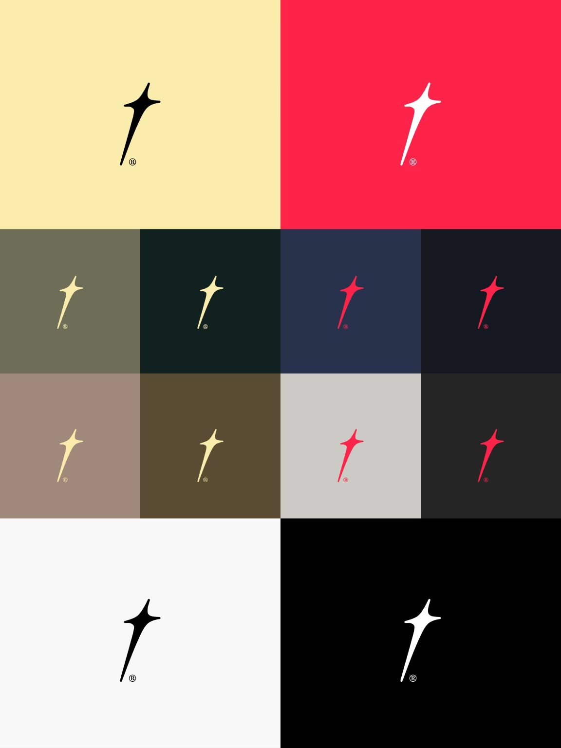 This image presents a systematic exploration of a single icon across multiple color and background combinations. The design employs a structured grid layout to highlight the visual impact of the mark while demonstrating versatility in color theory.