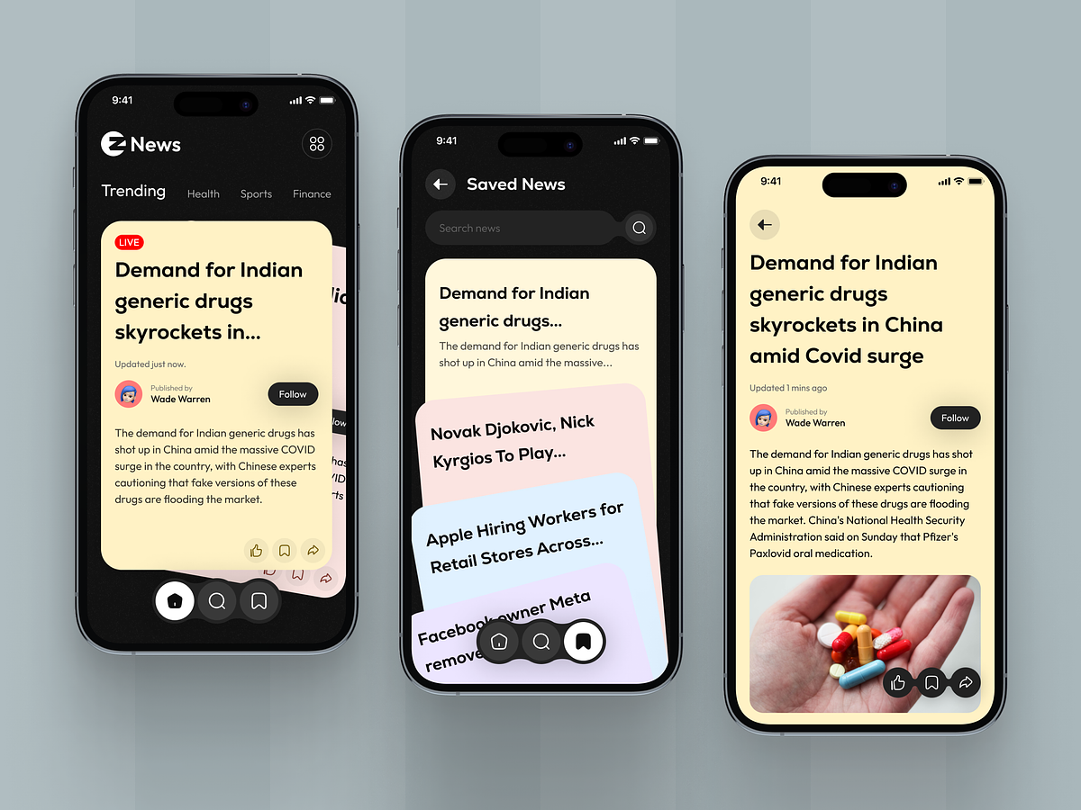 The image displays a mockup of a mobile news application interface, characterized by a clean, modern, and professional design. It utilizes ample white space and clear hierarchy to present news headlines effectively against a dark mode background.