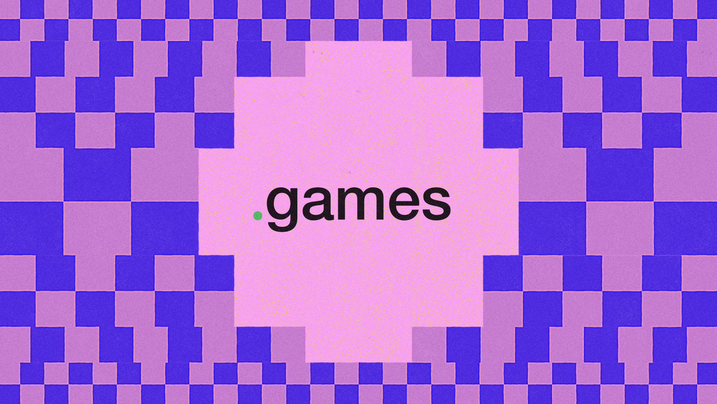 This design utilizes a vibrant, geometric grid pattern to create depth and texture. The composition successfully uses color contrast—between the deep purples and the soft pink center—to draw immediate attention to the centered text. The overall visual language is clean yet playful, suggesting a modern digital or gaming focus.