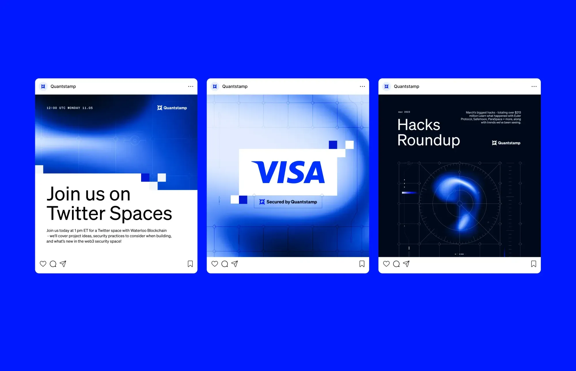 This set of mockups showcases a modern, high-contrast dark mode interface utilizing deep blues and bright whites to create a professional and futuristic aesthetic. The design emphasizes clean typography and subtle glowing effects, suggesting a focus on technology or premium content delivery.