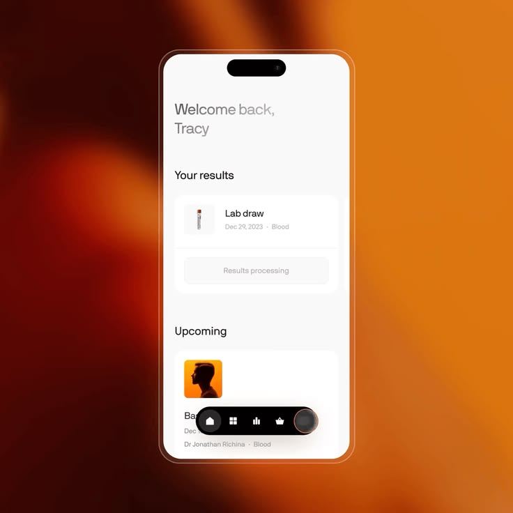 The interface presents a clean, minimalist mobile screen design with a warm, earthy background. It uses ample white space to organize information clearly, suggesting a professional and trustworthy medical or lab results application.