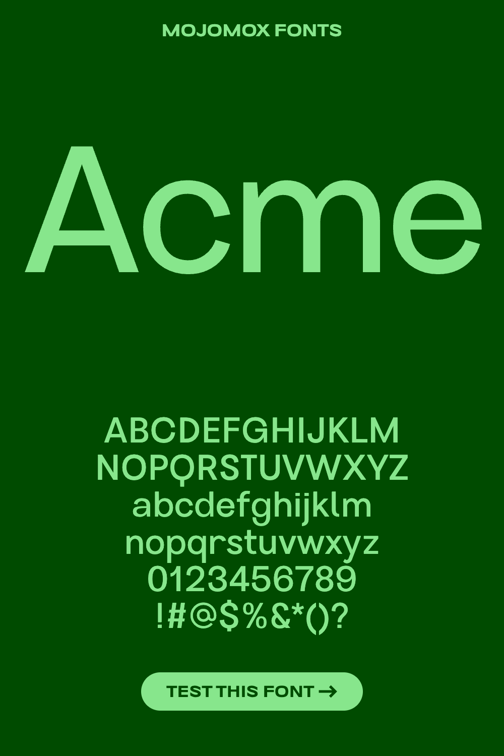 This is a clean, minimalist presentation showcasing a typeface named 'Acme' against a deep, rich green background. The design emphasizes clarity and the structure of the alphabet and symbols, suggesting a focus on typography or font display.