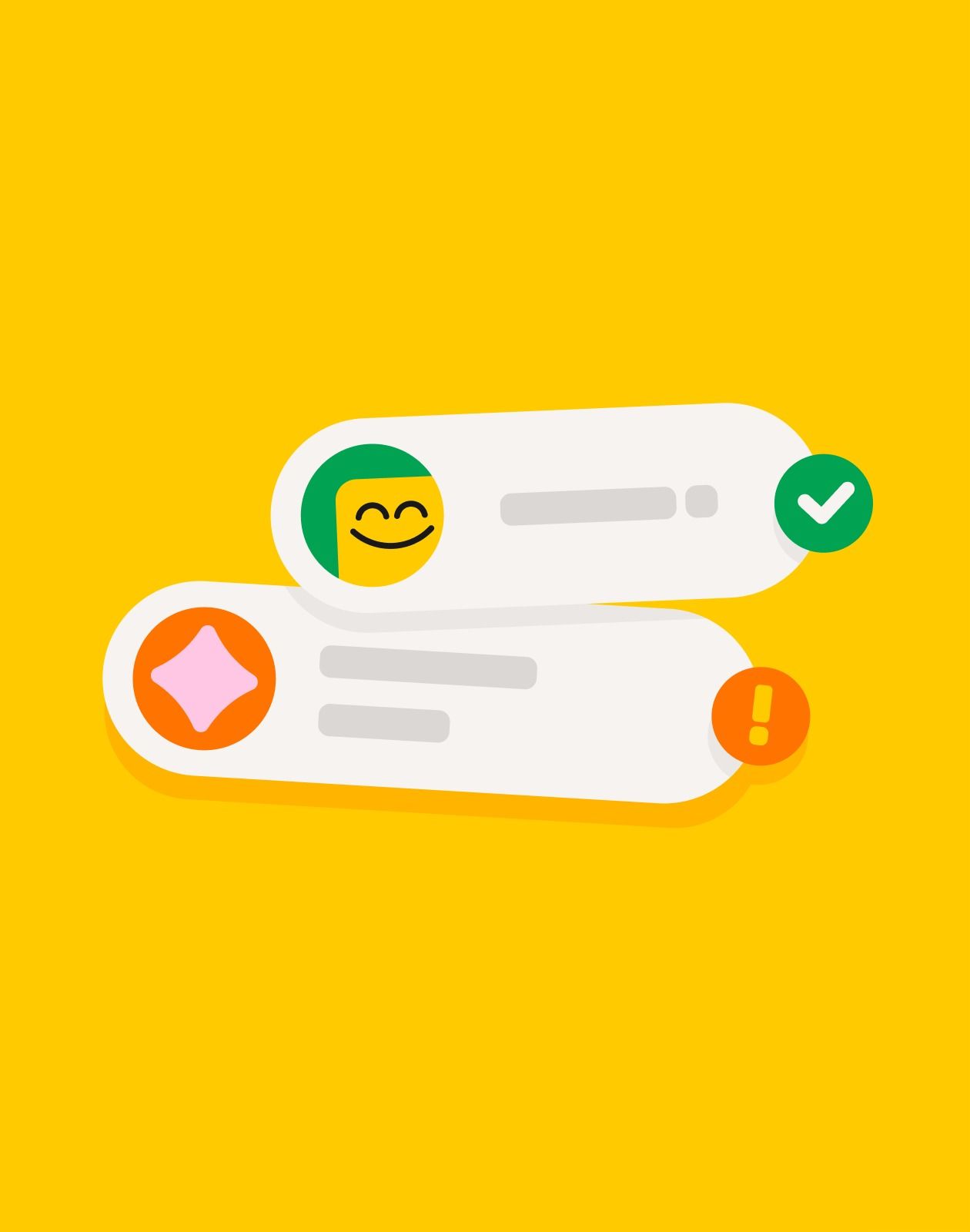 A vibrant, modern illustration featuring two stacked rounded card elements with playful emoji icons and placeholder text lines on a bright yellow background. The design employs a clean, minimalist aesthetic with soft shadows and bold circular accent badges, creating a friendly and approachable digital interface concept.