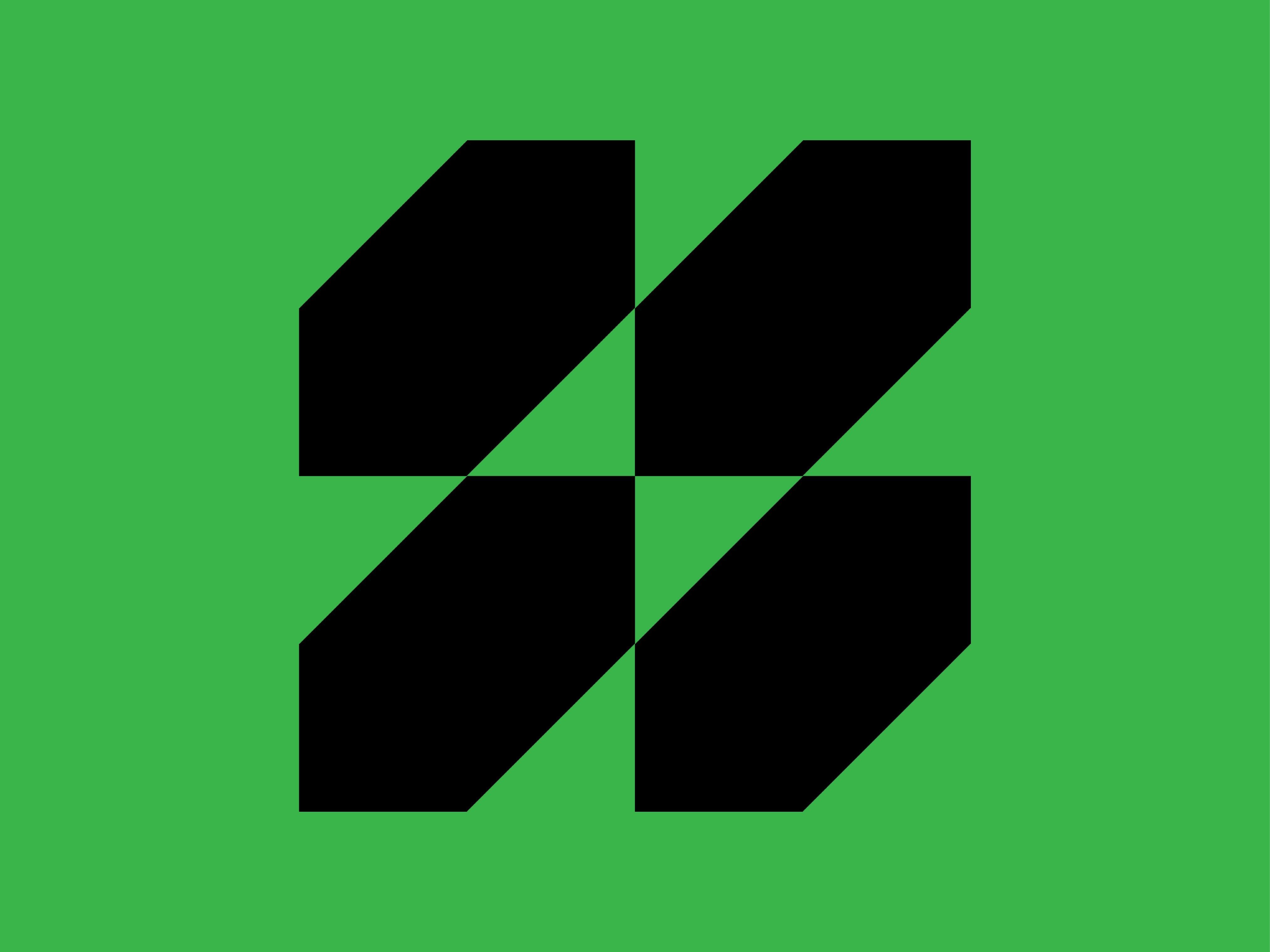 A minimalist geometric composition featuring four identical black isometric cubes arranged in a 2x2 grid against a vibrant lime green background. The design employs clean lines and bold contrast, creating a modern, tech-forward aesthetic with strong visual rhythm through repetition and symmetry.