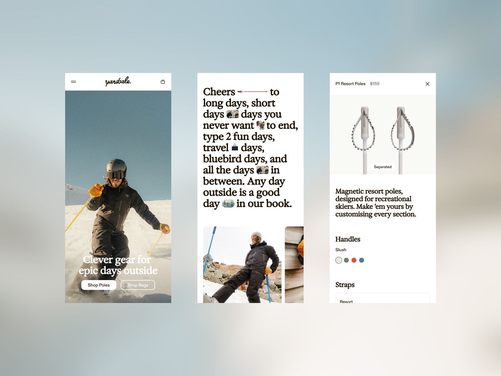 The image presents a clean, minimalist aesthetic typical of a modern outdoor or gear brand. It uses high-quality photography paired with clear, legible typography to convey durability and an adventurous spirit.