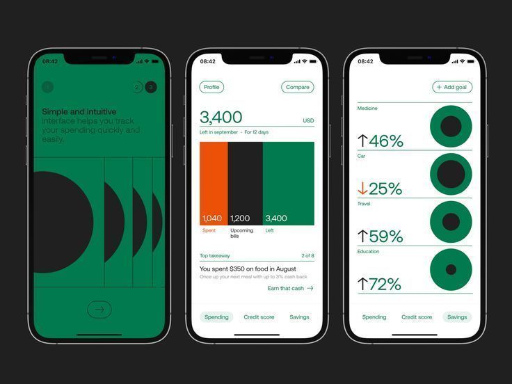 A modern fintech mobile app interface showcasing three smartphone screens with a clean, minimalist design language. The design employs a sophisticated color scheme of emerald green, white, and charcoal black, with data visualization elements including charts and percentage indicators. The visual language emphasizes clarity, accessibility, and contemporary digital banking aesthetics.