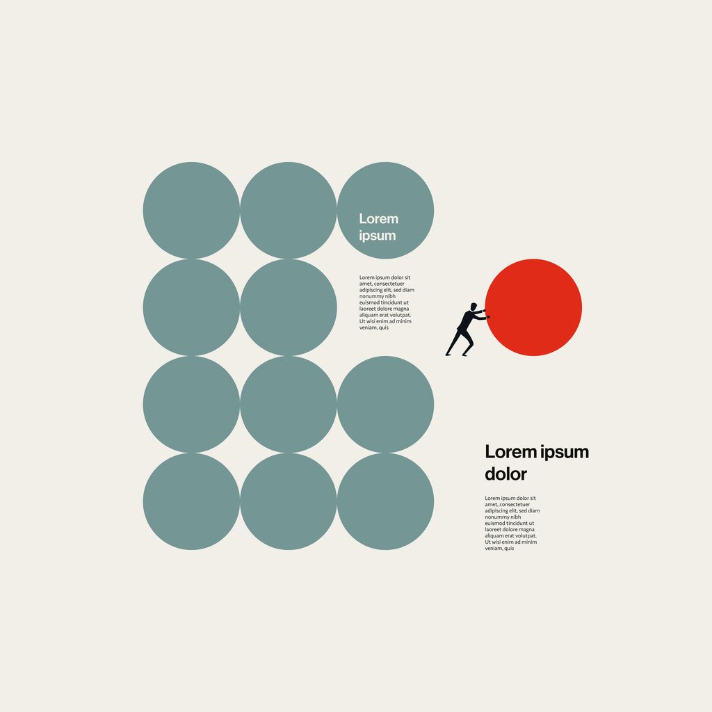 The design features a minimalist, grid-based composition using muted tones and simple geometric shapes to convey a sense of structure and process. The visual language is clean, modern, and relies on negative space to separate elements effectively.