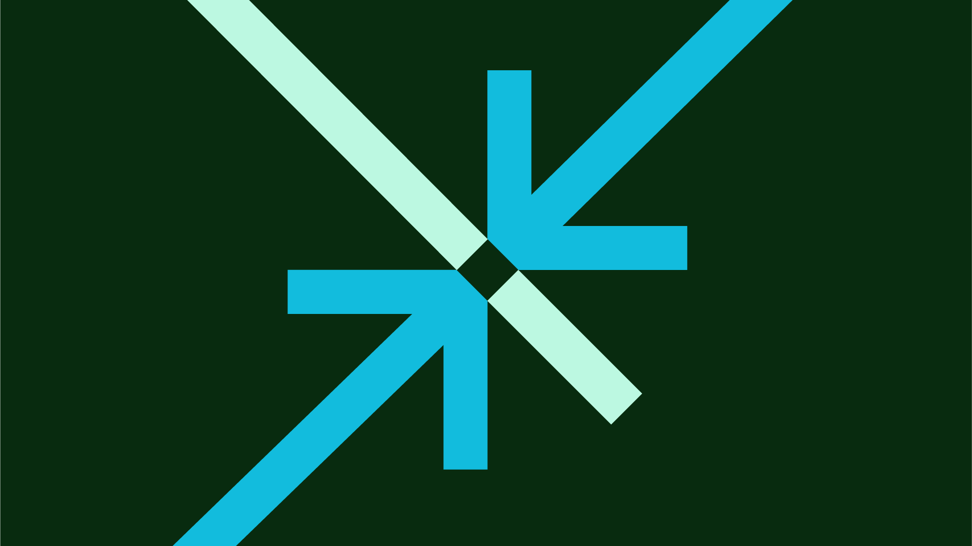 A minimalist geometric composition featuring intersecting lines in bright cyan and pale mint green converging at a central point against a deep forest green background. The design employs a clean, modern aesthetic with sharp angles and precise symmetry, creating a sense of dynamic convergence and balance.