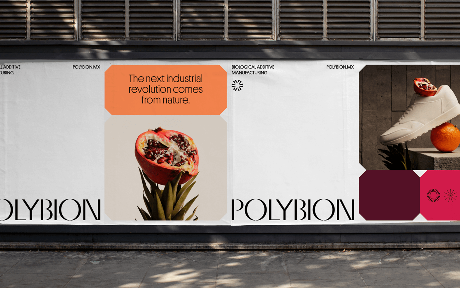 The design is clean, modern, and minimalist, utilizing a stark white background contrasted with deep earth tones and vibrant natural elements. It conveys a sense of organic innovation and sophisticated industrial design.