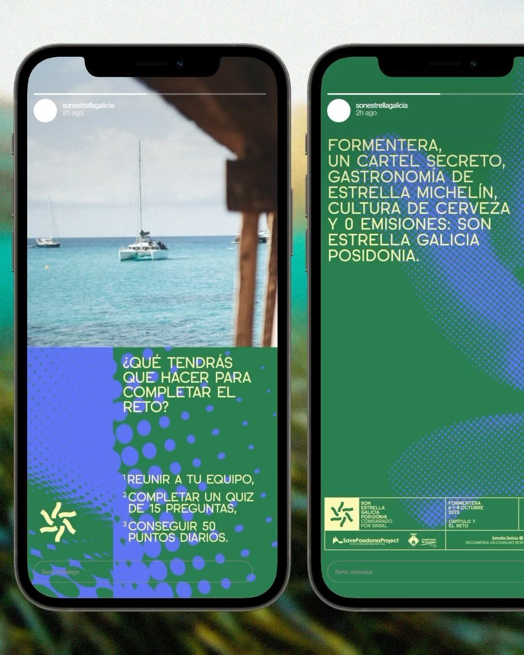 The image displays a mobile application interface with a clean, modern design characterized by a vibrant green and deep blue palette. The layout is structured with clear text blocks and distinct visual elements, suggesting a professional or engaging content platform.