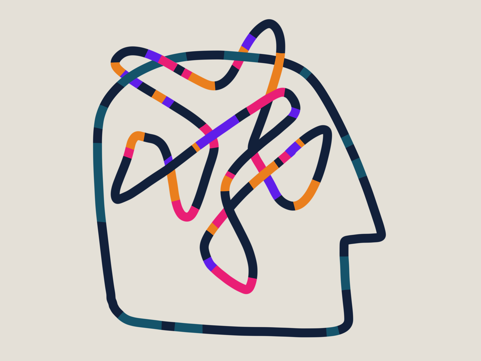 This design utilizes abstract, fluid line art contained within a simple silhouette of a human head profile. The composition is dynamic, employing a vibrant yet controlled palette of contrasting colors to suggest movement and complexity.