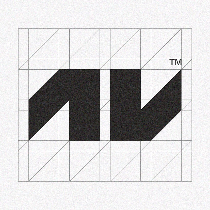 The image features a bold, sans-serif logotype rendered in solid black against a white background, overlaid on a faint grid structure. The design is minimalist and strong, relying on negative space and solid forms to convey a modern, established presence.