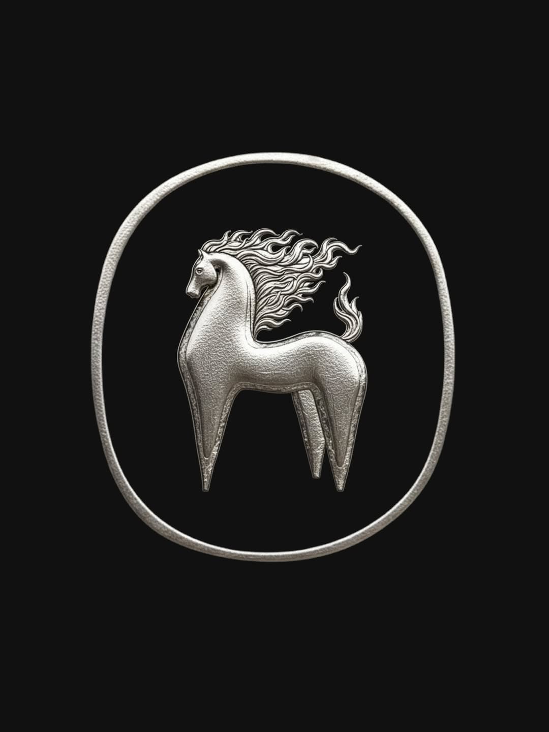 This is a monochrome, stylized depiction of a horse's head and neck rendered in a metallic or silver texture. The design is clean, elegant, and possesses a classic, perhaps heraldic or symbolic quality, suggesting themes of nobility or power.