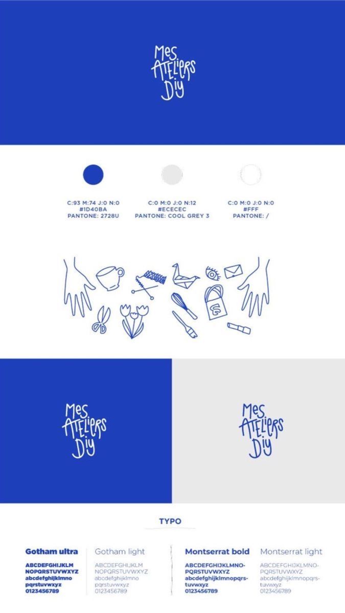 This design showcases a clean, minimalist aesthetic utilizing thin line art and precise typography to convey a sense of handcrafted creativity. The visual language is highly structured, relying on negative space and subtle color variations to create a sophisticated and organized brand identity.