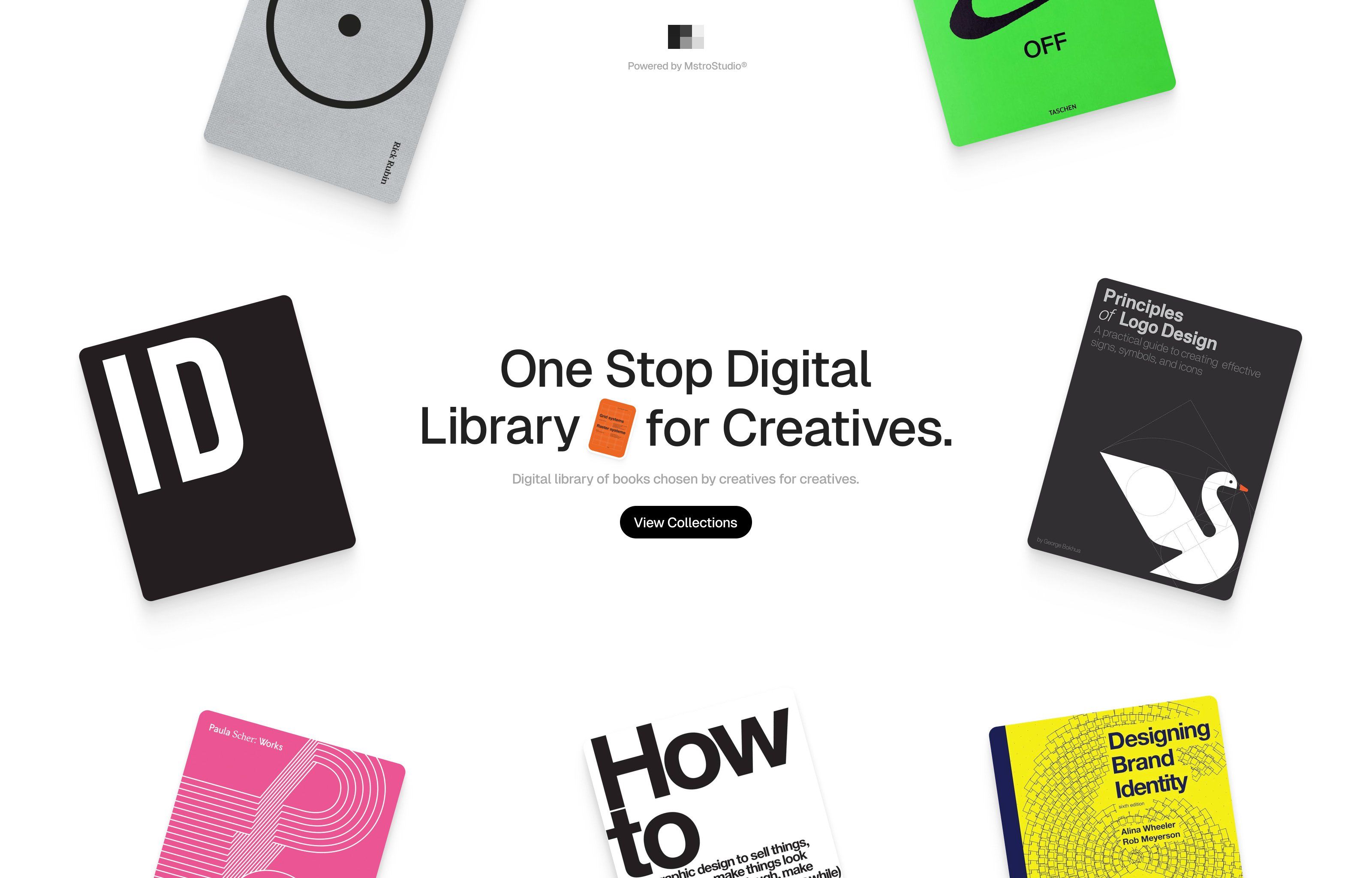 A clean, modern digital product showcase featuring a minimalist layout with floating design books and creative tools arranged around centered typography. The design employs a contemporary aesthetic with high contrast elements and strategic use of neon accents against a white background, emphasizing a professional yet creative digital library platform.