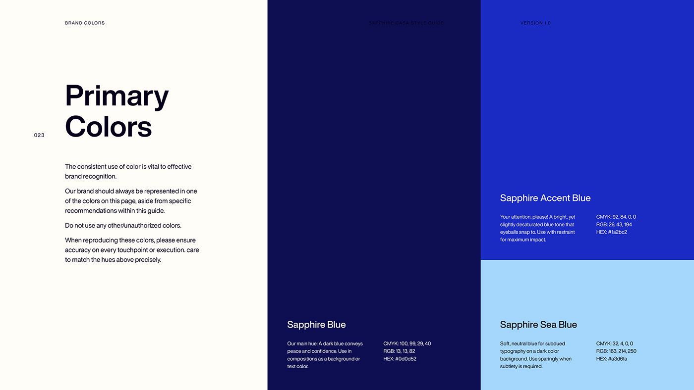 This is a clean, professional design guide showcasing a cohesive color palette centered around deep blues and indigos. The visual language is minimalist, relying on strong color contrast and clear typography to establish a corporate or premium brand identity.