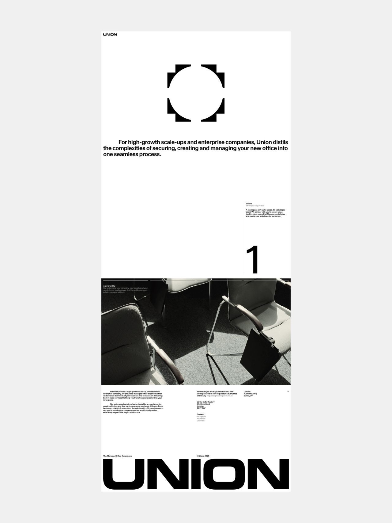 The design is minimalist, employing a stark black and white palette to convey sophistication and clarity. It uses ample negative space to focus attention on the central logo mark and sparse text, resulting in a clean, corporate, and high-end aesthetic.