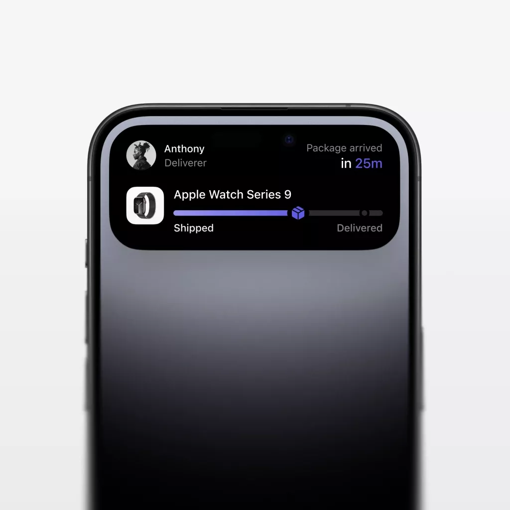 The image displays a screen capture from a delivery tracking application, characterized by a dark mode interface with clear status indicators. The design is clean, modern, and functional, prioritizing information hierarchy through simple text and progress bars.