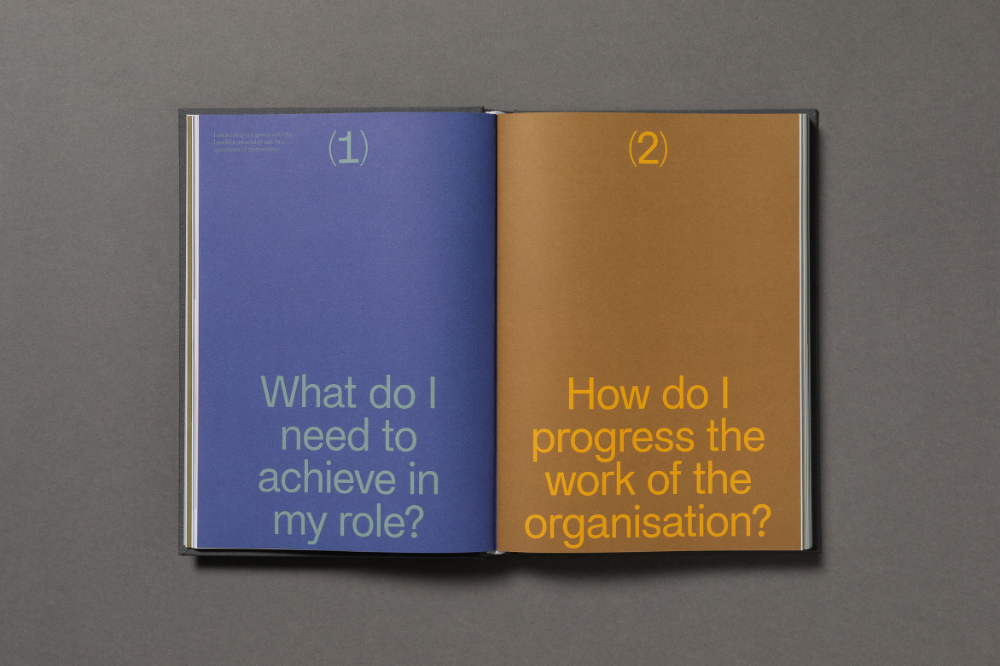 This design features a clean, professional aesthetic utilizing strong color contrast between cool blue and warm earth tones. The visual language is minimalist and highly structured, employing clear typography to present guiding questions in a thoughtful, organizational context.
