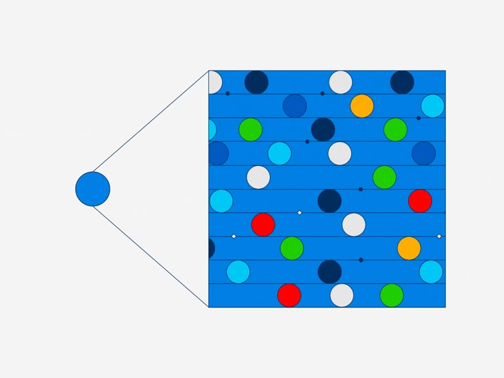 This image is an abstract, grid-based composition featuring scattered colored circles against a solid blue background. The design utilizes simple geometric shapes and a limited, vibrant color palette to create a sense of organized randomness or data visualization.