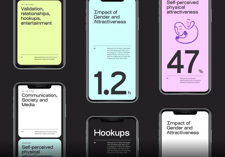 The image displays a series of mobile app screens or cards, characterized by clean, minimalist design with strong use of negative space and vibrant accent colors. The visual language is modern and data-driven, focusing on presenting statistics and concepts in a highly digestible format.