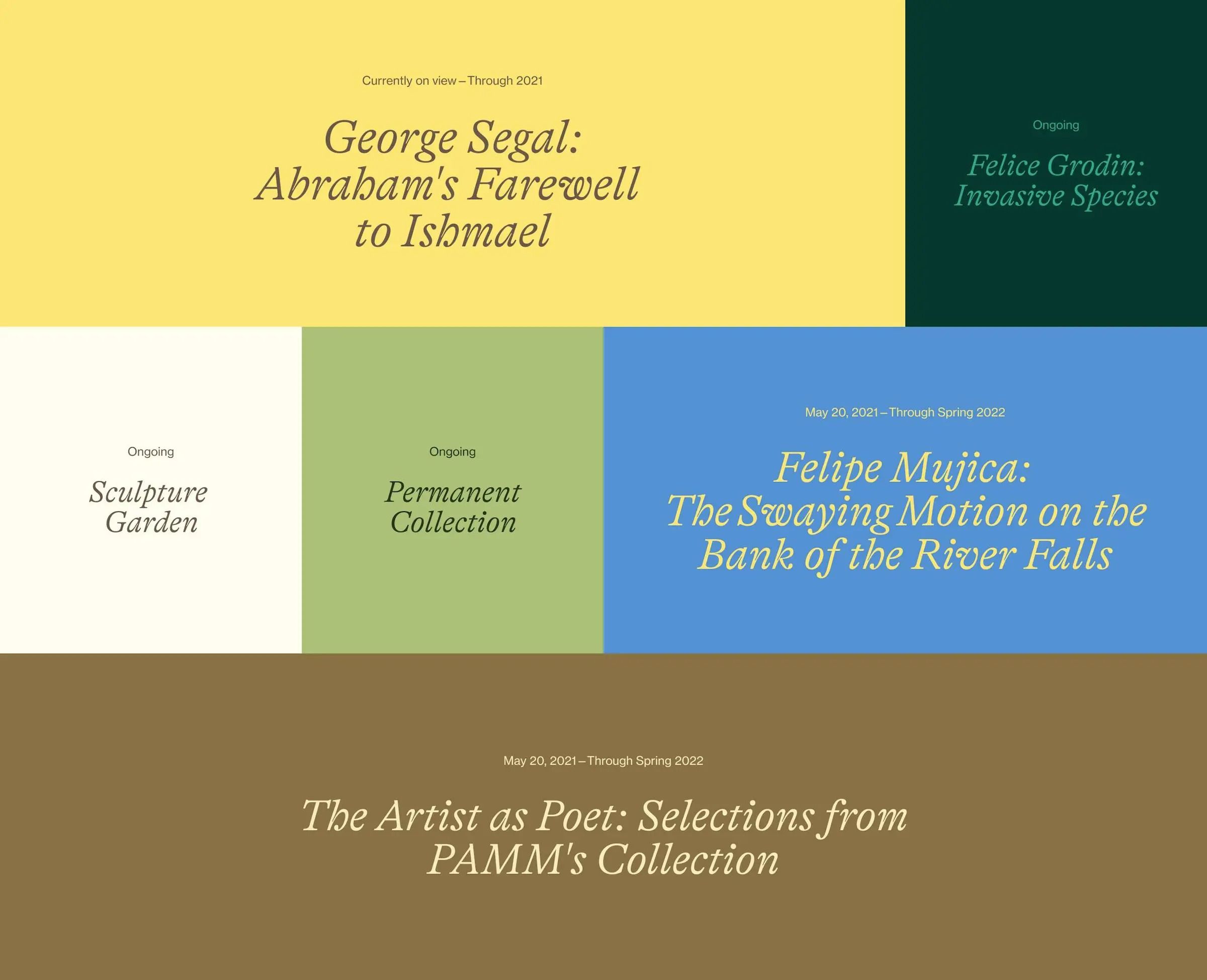 The image presents a clean, minimalist exhibition or program layout using a muted, earthy color palette contrasted with blocks of solid color. The design relies heavily on negative space and clear typography to present distinct titles and ongoing status.