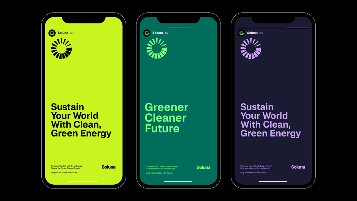This set of screen mockups employs a modern, clean visual language utilizing vibrant lime greens against deep, calming teal and dark backgrounds to communicate environmental responsibility. The design effectively balances bold color blocking with ample negative space, resulting in a professional and hopeful feel.