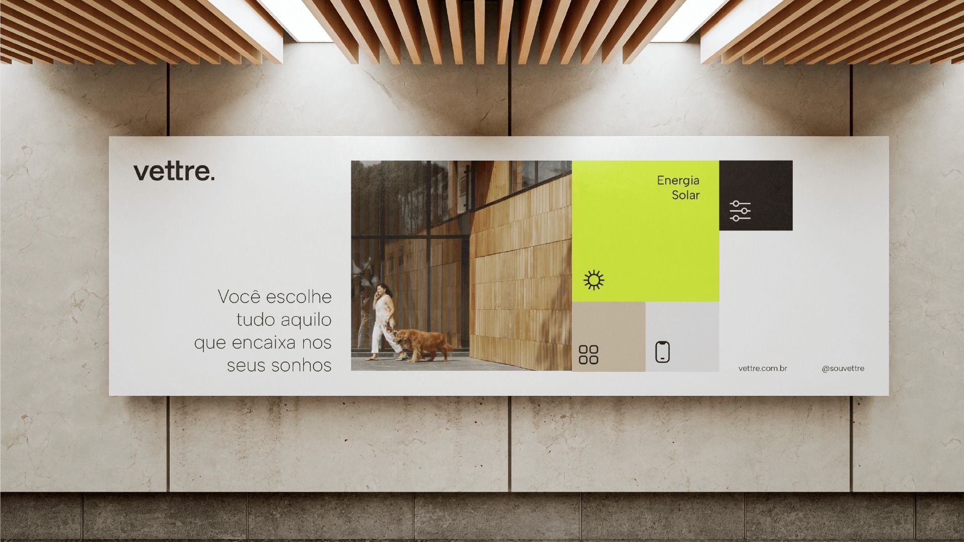 The design is minimalist and clean, utilizing a light, neutral background to focus attention on the central photographic element and key information. It employs a modern, spacious layout that balances photography with simple, geometric icons.